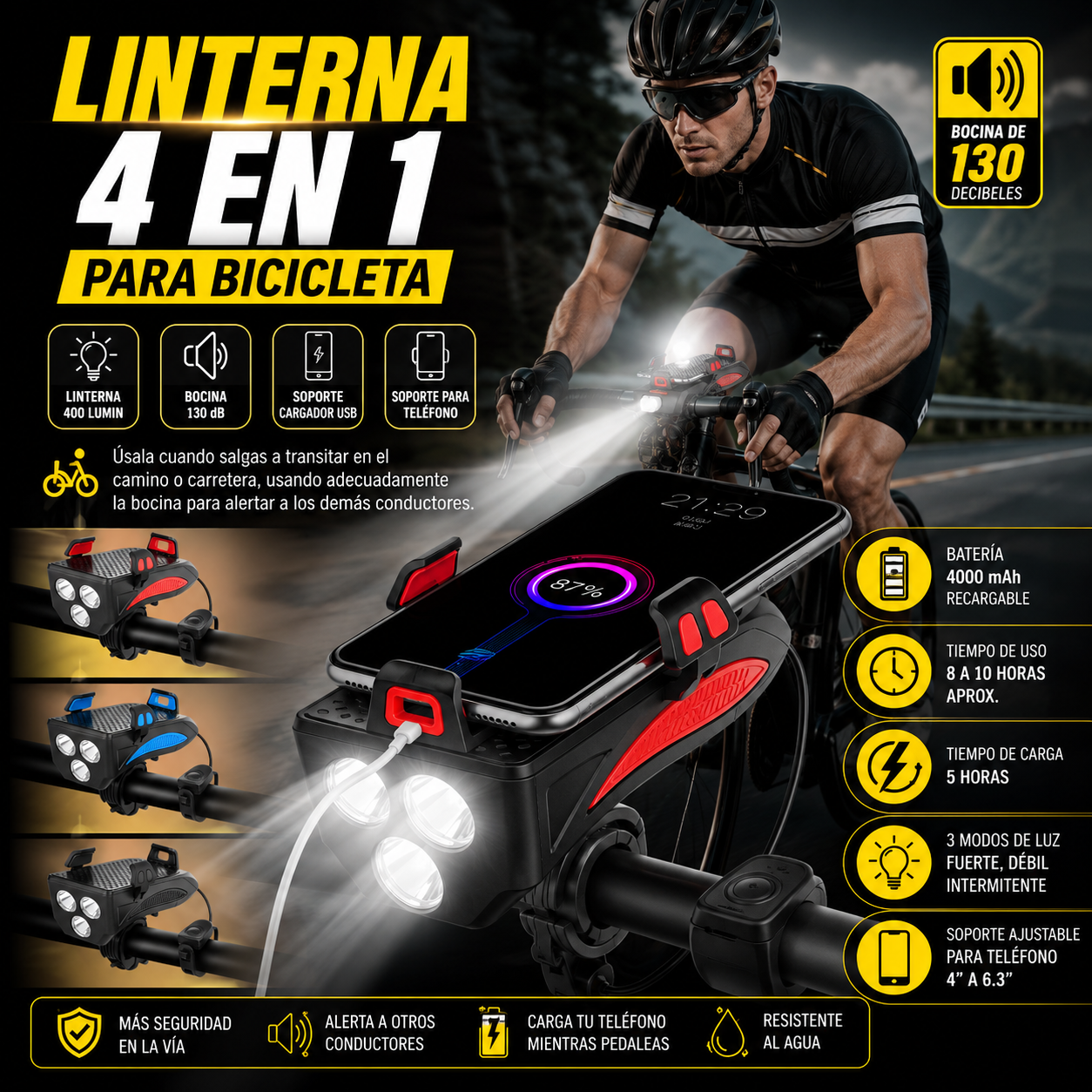 🚵🏽LA MEJOR LINTERNA BICICLETA 4 EN 1 BOCINA + LUZ LED + CARGA CELULAR