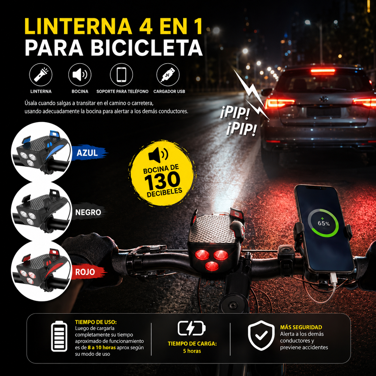 🚵🏽LA MEJOR LINTERNA BICICLETA 4 EN 1 BOCINA + LUZ LED + CARGA CELULAR