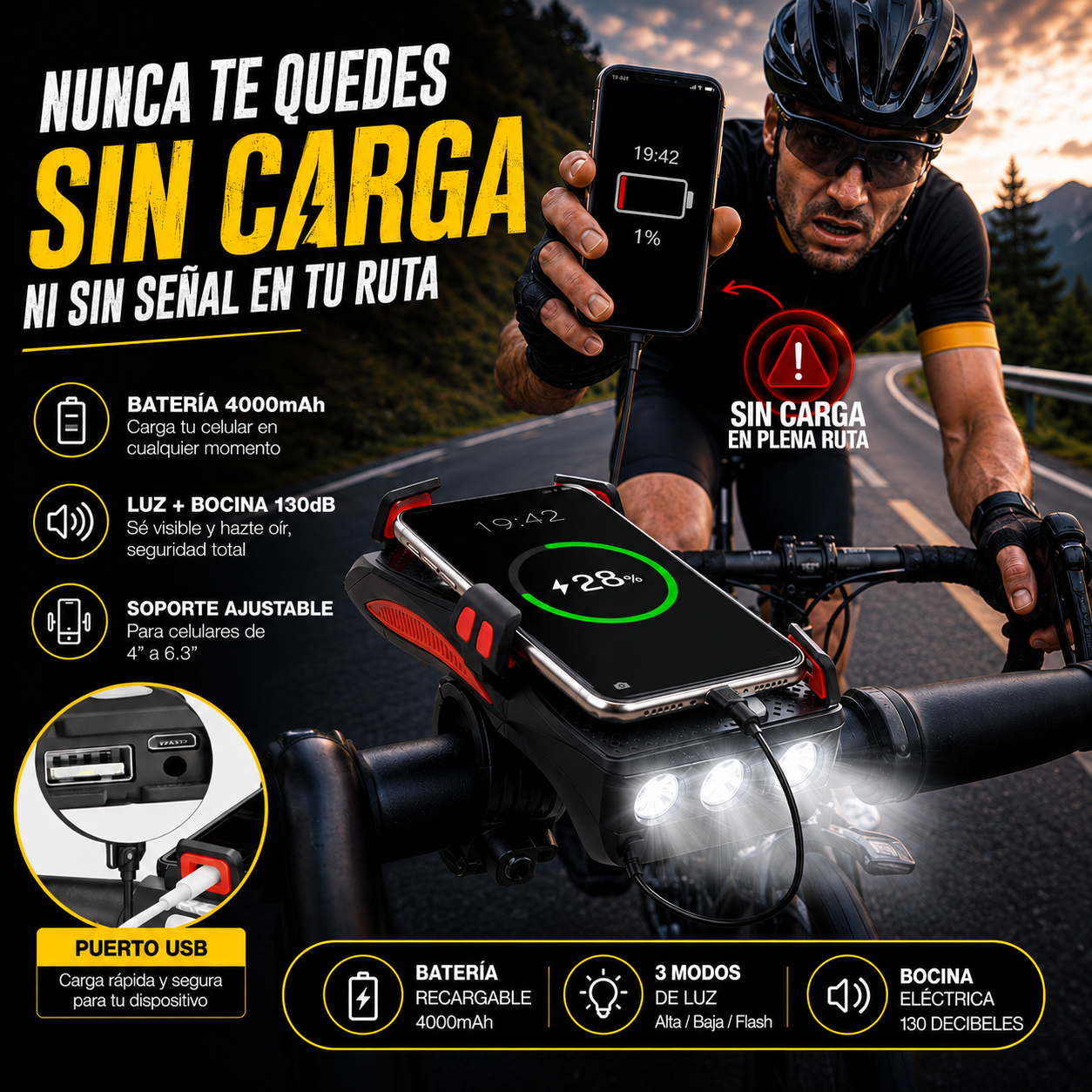 🚵🏽LA MEJOR LINTERNA BICICLETA 4 EN 1 BOCINA + LUZ LED + CARGA CELULAR