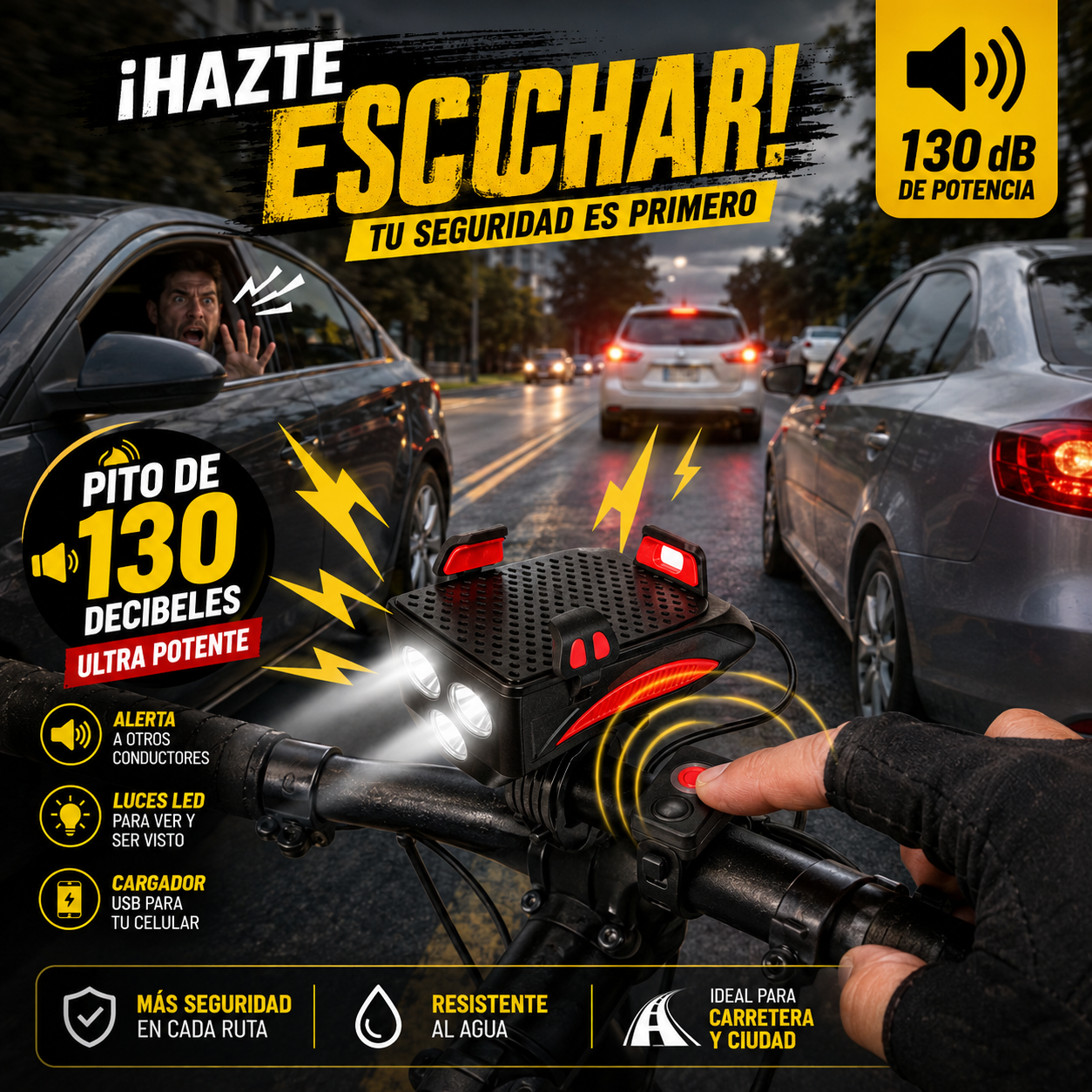 🚵🏽LA MEJOR LINTERNA BICICLETA 4 EN 1 BOCINA + LUZ LED + CARGA CELULAR